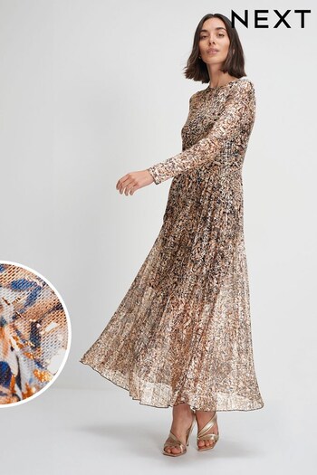 Navy Long Sleeve Foil Printed Occasion Midi Dress (761382) | £74