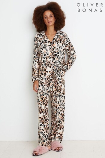 Oliver Bonas Animal Print Jersey Shirt & Trousers Brown Pyjama Set (7616Q2) | £59.50