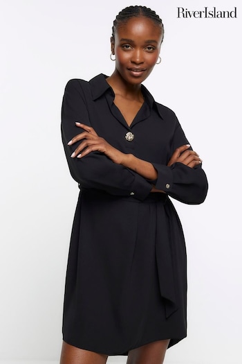River Island Black Belted Button Shirt Dress D-LUKS-SHORT (763687) | £45