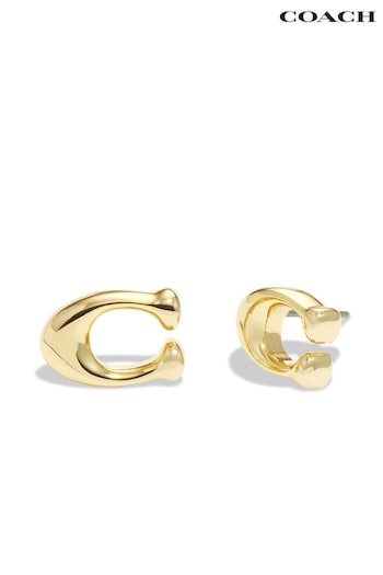 COACH Gold Tone Signature C Stud Earrings (763714) | £40