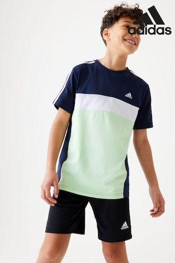 adidas Navy/Green Sportswear Tiberio 3-Stripes Colorblock Cotton T-Shirt Kids (764716) | £18