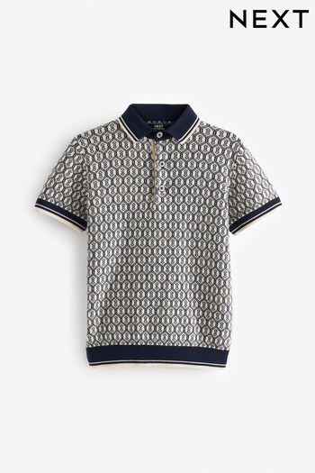 Navy Blue/White Knitted Short Sleeve Geo Pattern Polo Shirt (3-16yrs) (764932) | £14 - £19
