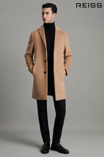 Reiss Camel Gable Single Breasted Wool Overcoat (766180) | £328