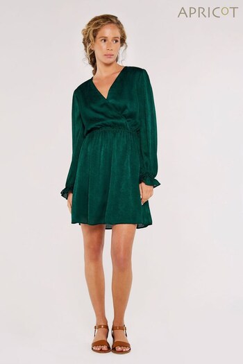 Apricot Emerald Green Floral Jacquard Satin Wrap Dress (766242) | £32