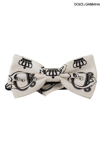 Dolce & Gabbana White Crown Pattern Silk Bow Tie (766669) | £225
