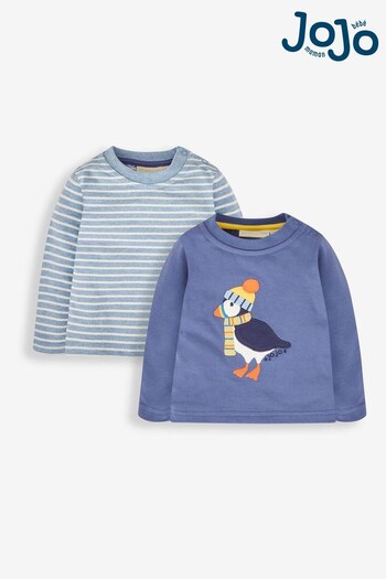 JoJo Maman Bébé Blue Puffin Applique And Stripe Baby Tops 2-Pack (767429) | £19.50