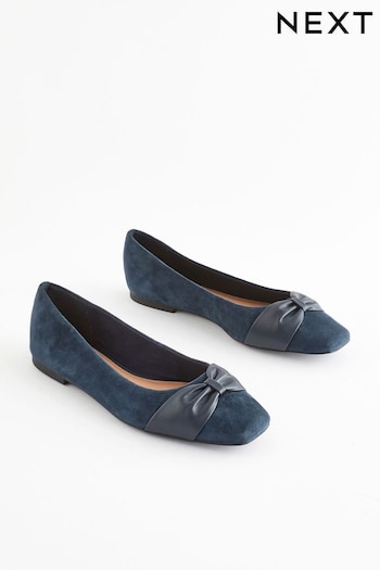 Navy Regular/Wide Fit Forever Comfort® Leather Square Toe Bow Ballerinas (767958) | £36