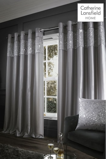 Catherine Lansfield Grey Glitzy Sequin Eyelet Lined Curtains (768295) | £40 - £65