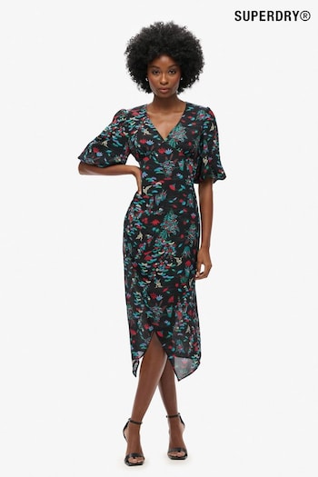 Superdry Crane Black Print Short Sleeve Sheer Midi Dress (768775) | £80