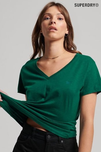 Superdry Green Slub Embroidered V-Neck T-Shirt (768931) | £20