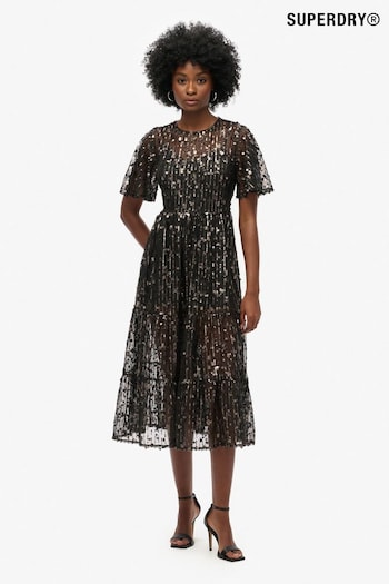 Superdry Pewter Sequin Volume Tiered Mesh Midi Dress (769048) | £125