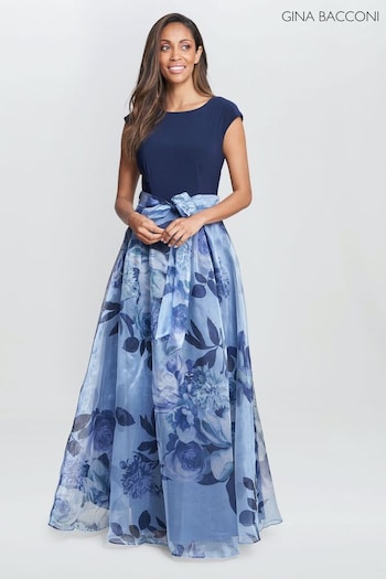 Gina Bacconi Blue Grace Maxi Printed Dress With Jersey Bodice And Belt (769298) | £290