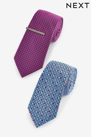 Fuchsia Pink/Blue Textured Tie With Tie Clips 2 Pack (769968) | £20