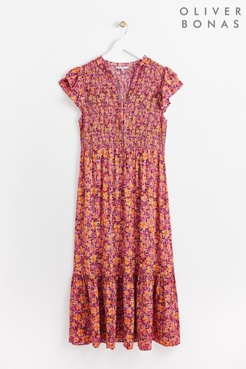 Oliver Bonas Pink Textured Floral Shirred Midi Dress (770720) | £79.50