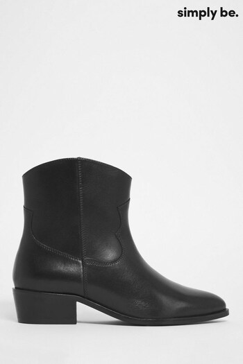 Simply Be Black Leather Western Black Ankle Boots In Wide Fit (771694) | £59