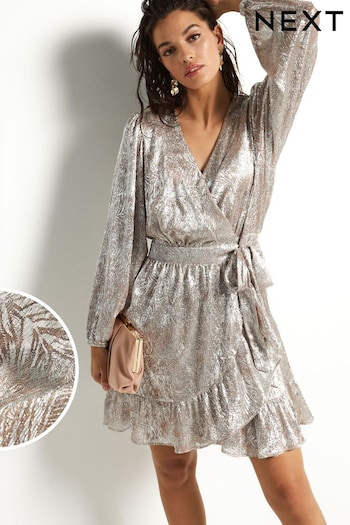 Silver / Pink Long Sleeve Metallic Wrap Mini Dress (771822) | £62