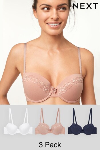 Navy Blue/Pink/White Pad Balcony Cotton Blend Bras 3 Pack (772879) | £28