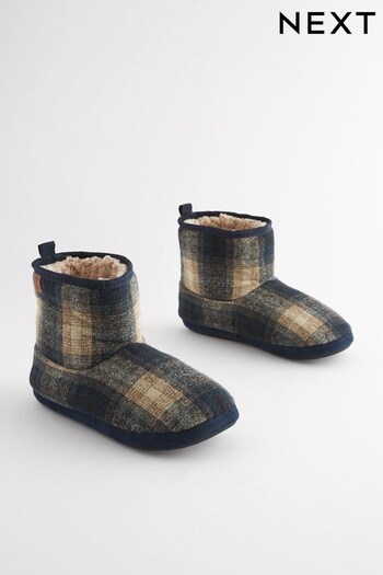 Navy Blue Check Borg Lined Boot Slippers (773573) | £24
