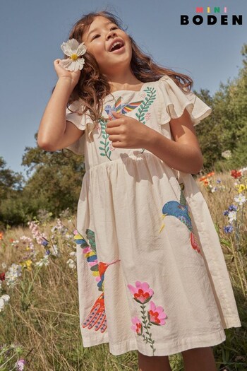 Boden Cream Flutter-Sleeve Appliqué Dress (773995) | £45 - £51