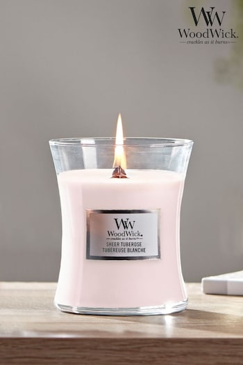 Woodwick Pink Medium Hourglass Scented Candle with Crackle Wick Tuberose (774552) | £24.99