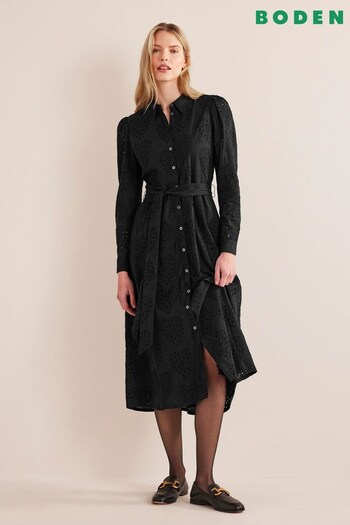 Boden Black Petite Broderie Midi Shirt Dress (774624) | £198