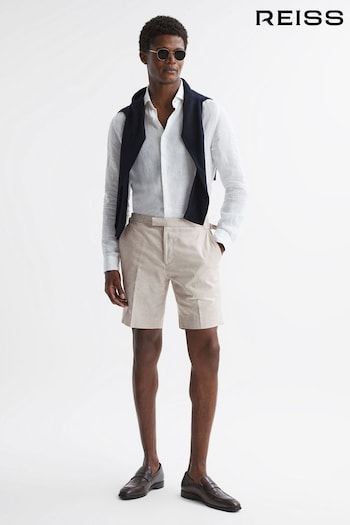 Reiss Oatmeal Craft Slim Fit Cotton-Linen Check Adjustable Shorts lounging (775486) | £88
