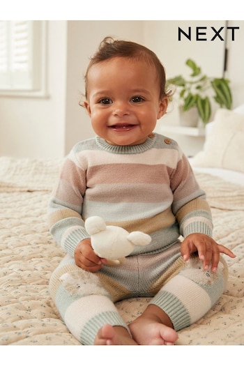 Tan/Blue Tiger Stripe Baby Knitted Jumper & Leggings 2 Piece Set (0mths-2yrs) (775991) | £21 - £23
