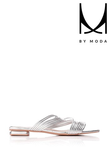 MbyModa Silver Square Toe Flat Strappy Sandals (776102) | £69