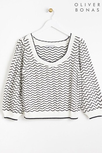 Oliver Bonas Wavy Stripe Sweetheart Knitted White Top (776436) | £55