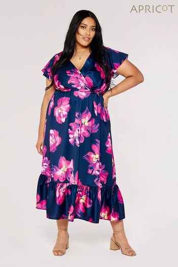 Apricot Blue & Pink Bold Flower Satin Wrap Midi Dress (777169) | £45