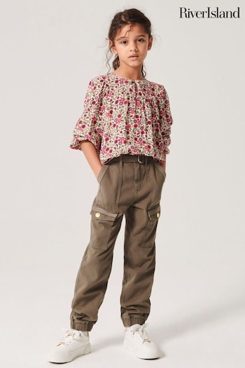 River Island Green Girls Herringbone Belted Cargo Brand Trousers (777190) | £20