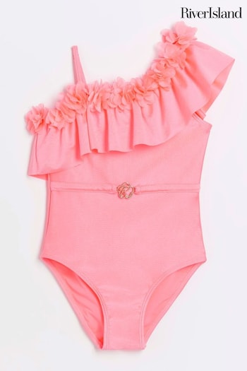River Island Pink Girls 3D Floral Asym Swimsuit (777783) | £20 - £25