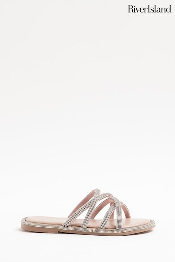 River Island Silver Girls Diamante Cross Over suede Sandals (778013) | £28
