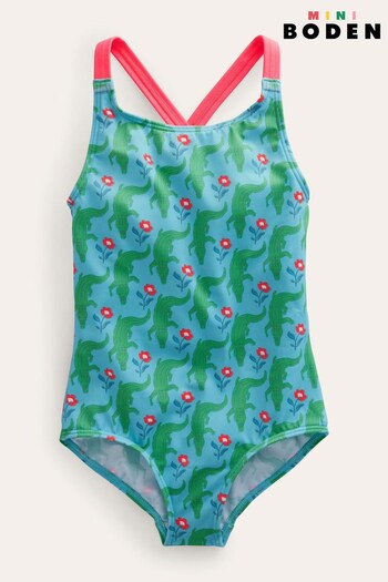 Boden Blue Cross-Back Printed Swimsuit (778618) | £17 - £19