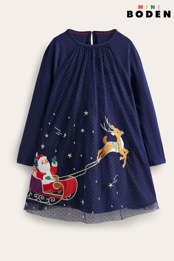 Boden Blue Santas Sleigh Christmas Tulle Dress (781227) | £45 - £49