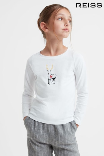 Reiss White Marli Junior Cotton Reindeer Long Sleeve T-Shirt (782234) | £18
