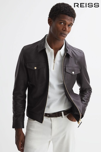 Reiss Chocolate Carp Leather Zip Through Jacket (782354) | £428