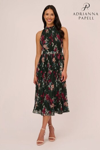 Adrianna Papell Green Floral Pleated Chiffon Dress (782411) | £149