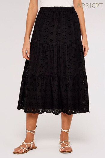 Apricot Black Broderie Anglaise Tiered Midi Skirt (782482) | £39