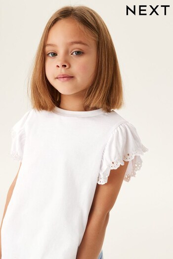 White Broderie Frill Sleeve T-Shirt (3-16yrs) (7824R0) | £8 - £13