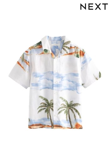 Brown/White Island Scene Short Sleeve Blended Linen Printed Shirt (3-16yrs) (782518) | £12 - £17