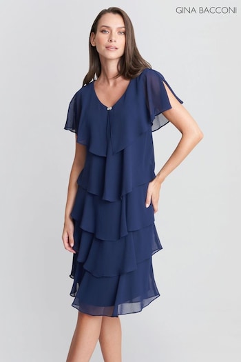 Gina Womens Bacconi Blue Bella Georgette Tiered Dress (783506) | £220