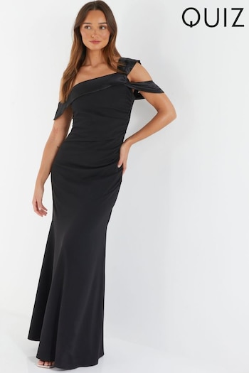 Quiz Black Scuba Crepe Maxi Dress With Satin Asymmetric Shoulder Detail (783812) | £55