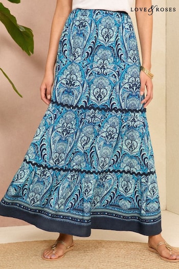 Trending: Animal Print Navy Blue Tiered Trim Detail Maxi Skirt (783847) | £45