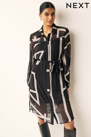 Black/White Print Essentials Shirt Dress With Studded Chest Trim (784080) | £60