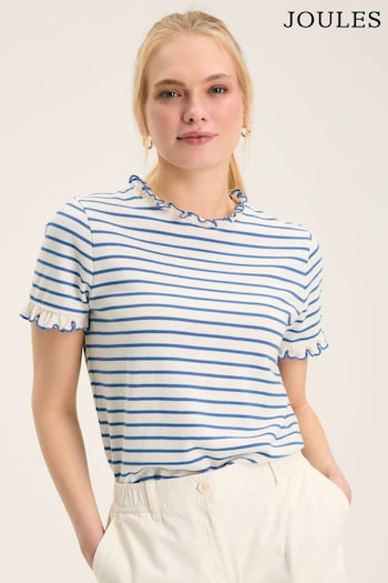 Joules Daisy Cream & Blue Short Sleeve Frilled Neck Top (784691) | £34.95