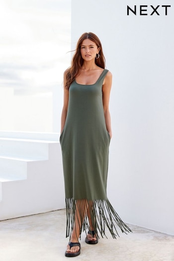 Khaki Green Fringe Summer Midi Dress (785314) | £26