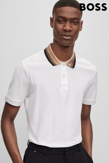 BOSS White Striped Collar Sim Fit Polo Shirt (786135) | £99