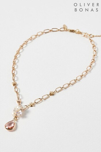 Oliver Bonas Cindy Flower Cluster & Glass Drop Gold Tone	Necklace (788247) | £26