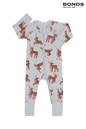 Bonds Grey Festive Reindeer Print Zip Sleepsuit (788325) | £22